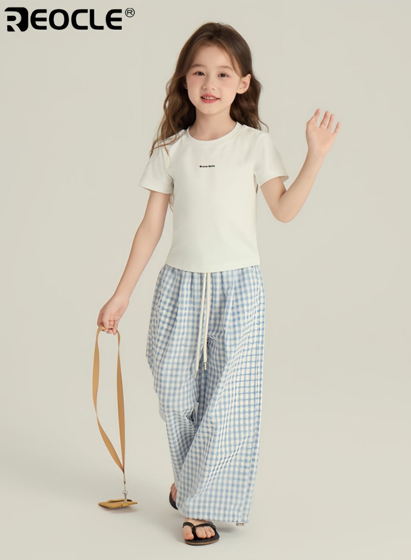 REOCLE Girl's Wide Leg Pants with Flowy Loose Fit and Cotton  Blend Fabric Palazzo Trousers with Elastic Waist for Casual Beach Wear - Image 4